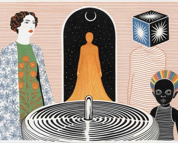 Artwork Depicting Four Unique Figures and Cosmic Elements