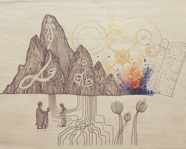 Whimsical Mountain Landscape with Symbols and Patterns