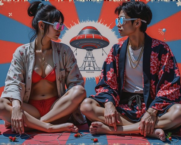 Couple in Colorful Summer Scene with Retro UFO Graphic
