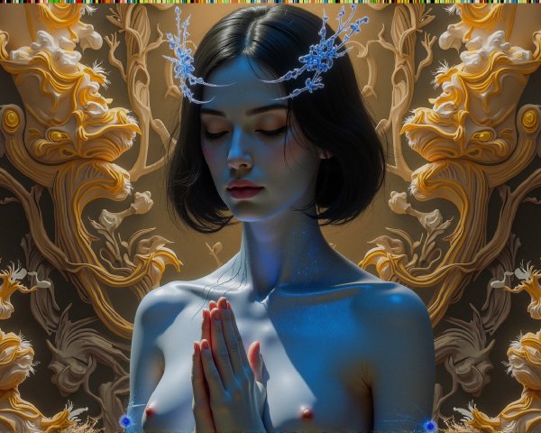 Ethereal Figure in Prayer with Intricate Patterns