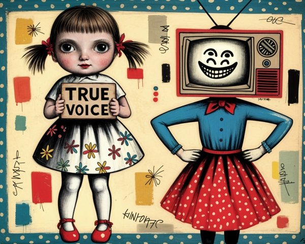 Illustration of Girl with Sign and Vintage TV Character