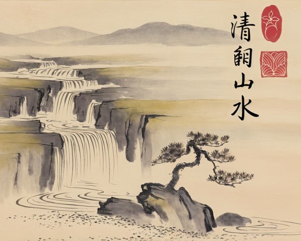 Serene Landscape with Waterfalls and Mountain Mist