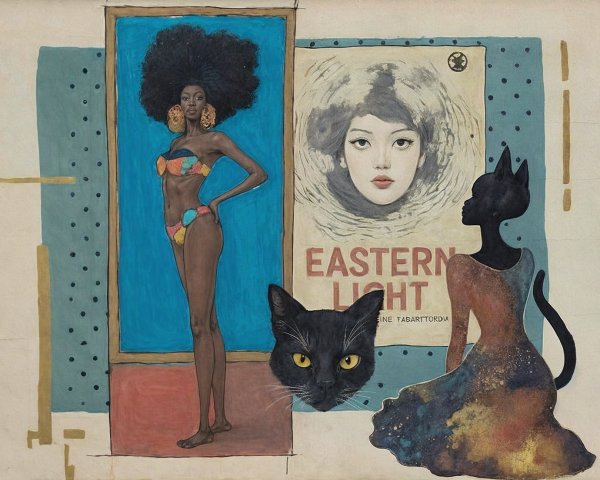 Vibrant Collage with Woman, Vintage Poster, and Silhouette