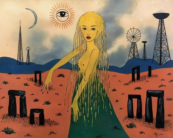 Surreal Landscape with Woman in Green Garment