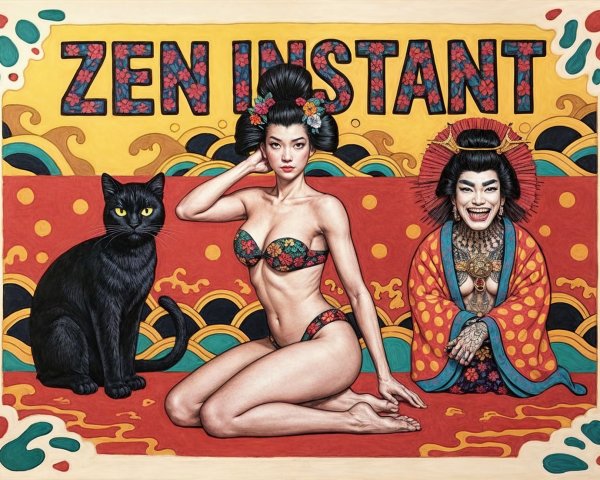 Vibrant Artwork of Women and Cat in Colorful Setting