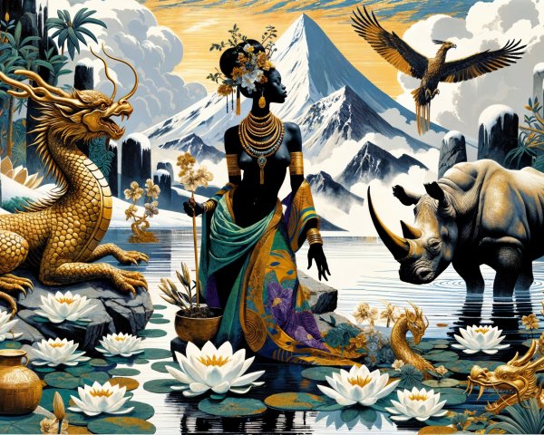 Ornate Illustration of African and East Asian Cultural Fusion