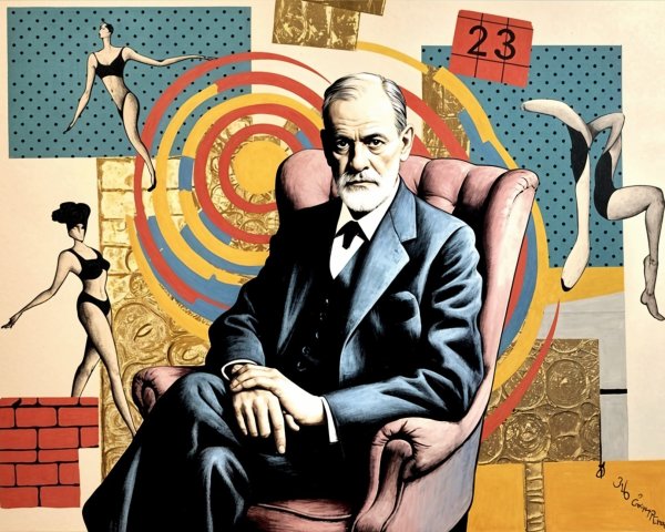 Stylized portrayal of Freud with vibrant geometric shapes