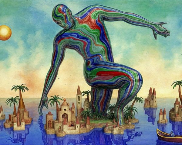 Vibrant Humanoid Figure in Surreal Island Landscape