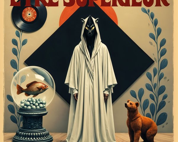Surreal Scene with Cloaked Figure and Whimsical Elements