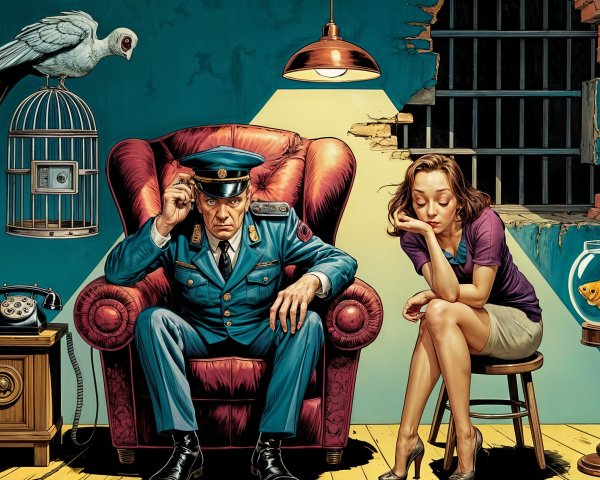 Police Officer and Woman in Confining Room Setting