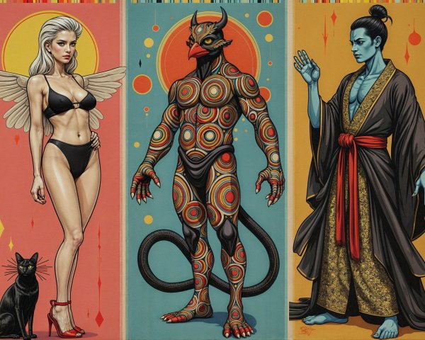 Three Distinct Characters in Colorful Backgrounds