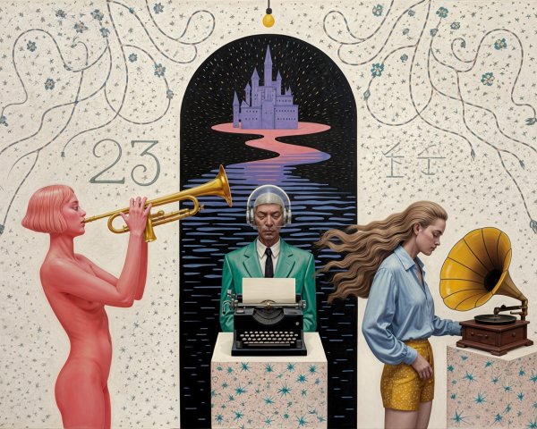 Nude Woman with Trumpet and Vintage Gramophone Scene