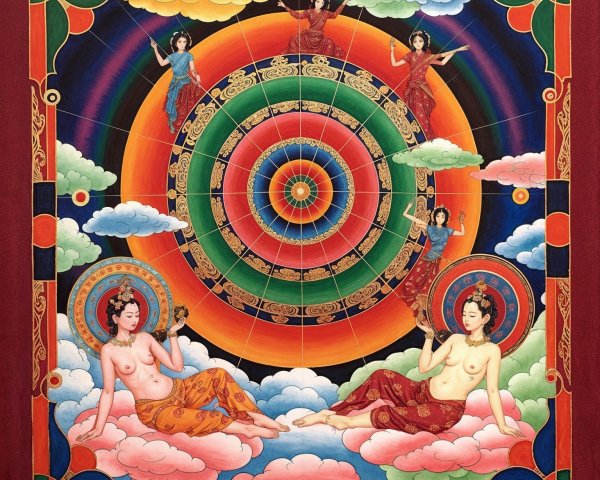 Vibrant Mandala Artwork with Serene Figures and Clouds