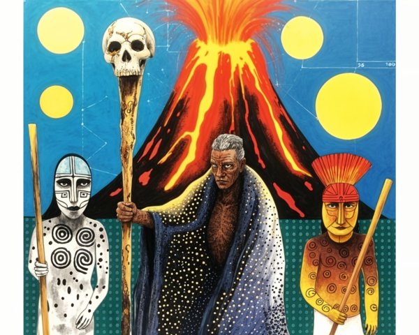 Figures in front of a volcano with vibrant colors