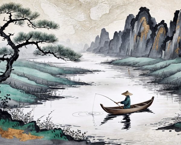 Watercolor Landscape of Fisherman on Calm River