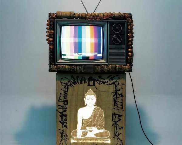 Retro Television with Colorful Test Pattern and Buddha