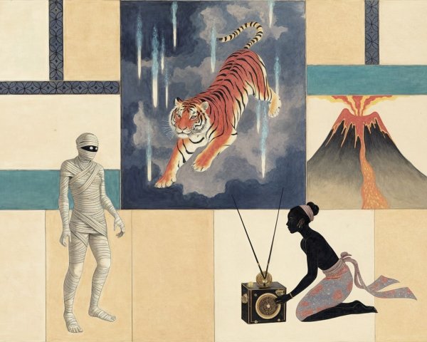 Dynamic Tiger and Mummy in Bold Artistic Composition