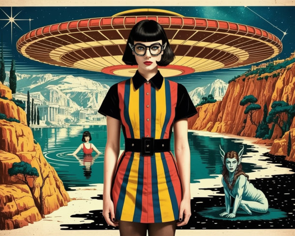 Retro Scene with Woman, Flying Saucer, and Landscape