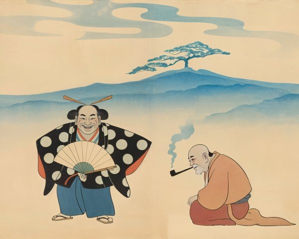 Traditional Japanese Figures in Serene Landscape