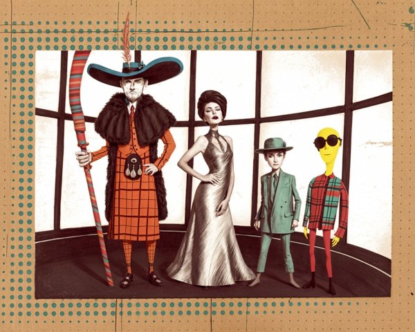 Stylized Group of Four Characters in Artistic Setting