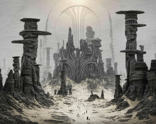 Black and White Alien Landscape with Surreal Temple