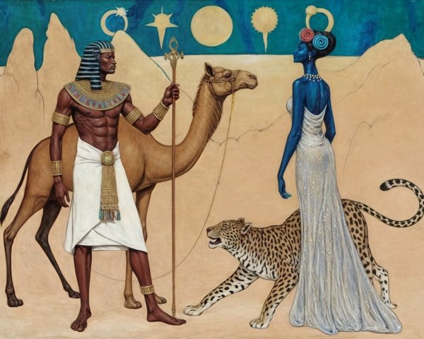 Ancient Egyptian Scene with Figures and Desert Landscape