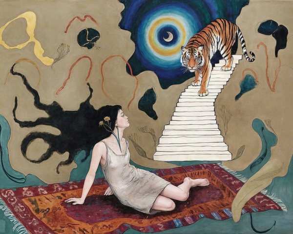 Surreal Scene of Woman and Tiger in Colorful Vortex
