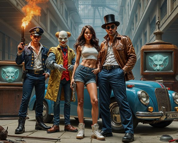 Vintage Scene with Characters and Retro Elements