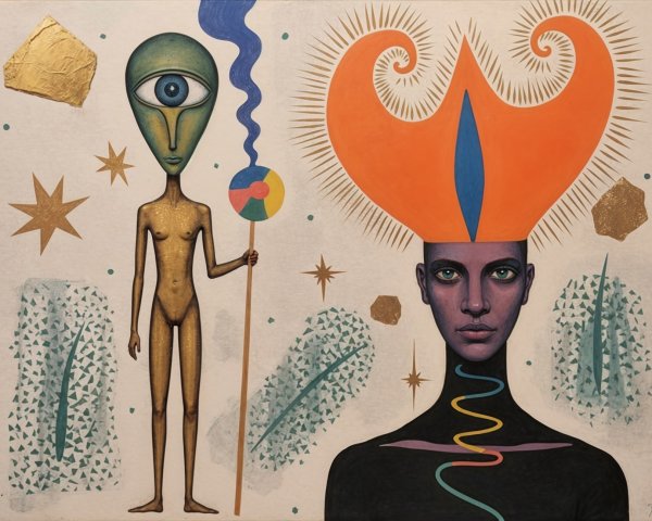 Surreal Artwork with Two Unique Figures and Patterns