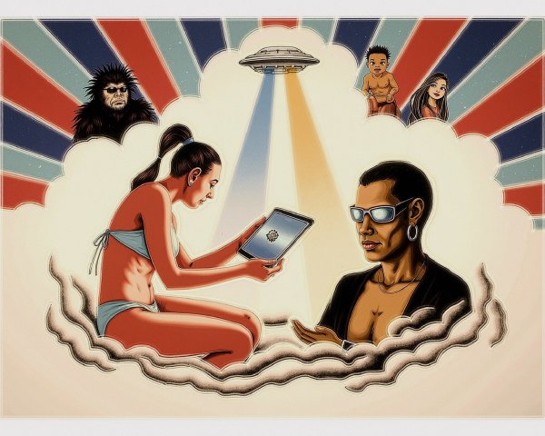 Surreal Illustration of Woman with Tablet and UFO