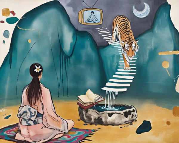 Serene scene of a woman with a tiger and nature elements