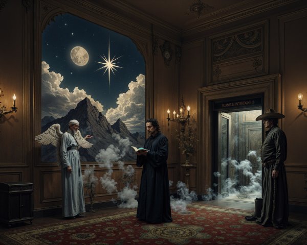 Cloaked Figure Reading in Mystical Dimly Lit Room