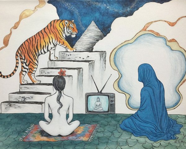 Surreal Artwork with Tiger, Pyramid, and Figures