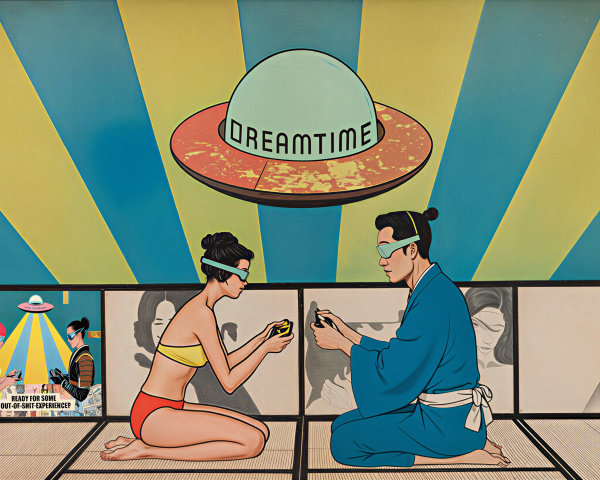 Vibrant Retro Scene with Bold Colors and Whimsical Elements