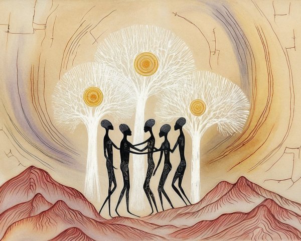 Surreal Landscape with Elongated Figures and Trees