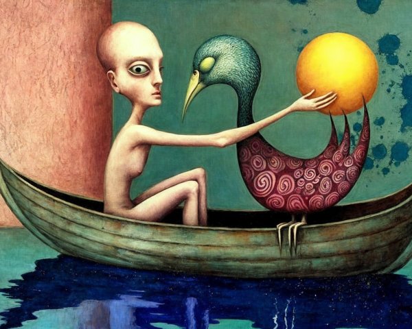 Surreal Scene of Bald Figure with Glowing Sun in Boat
