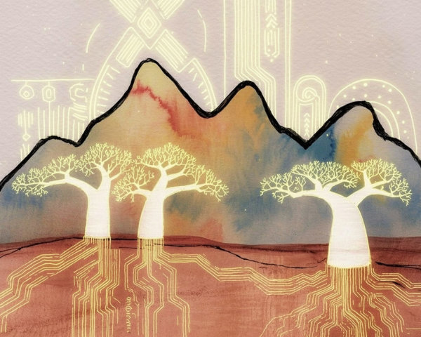 Stylized Trees with Luminous Trunks and Mountains