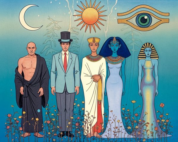 Five Figures Against Blue Background with Celestial Symbols