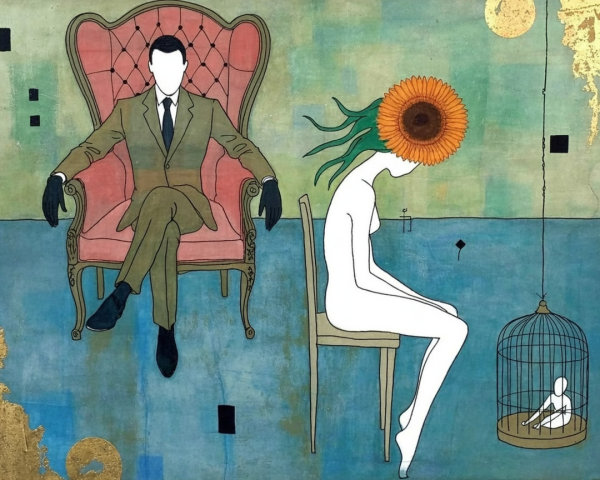 Surreal Scene with Figures in Ornate and Simple Chairs