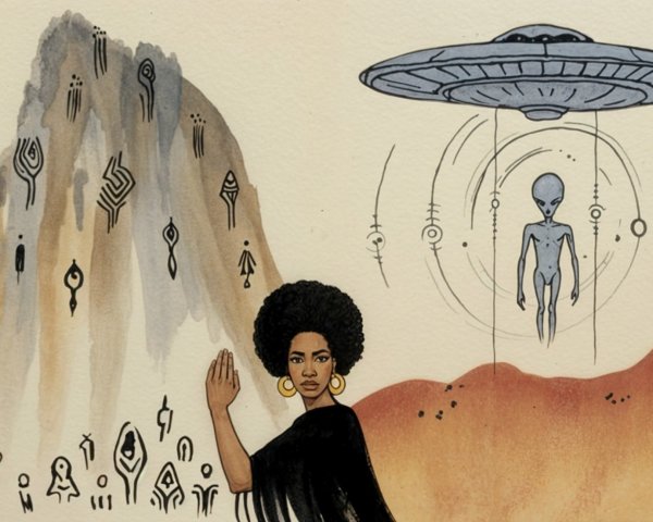 Woman in Black Garment with UFO and Abstract Rocks