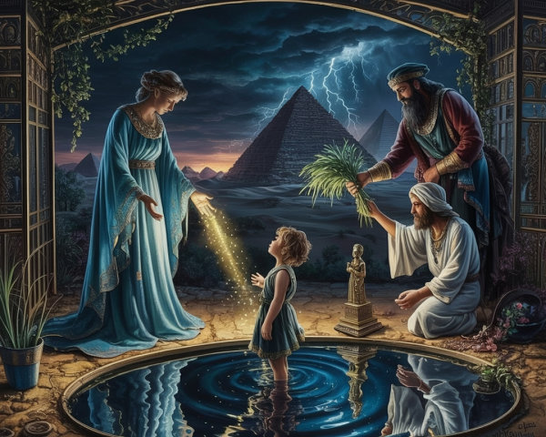 Mystical Scene with Child, Woman, and Pyramids