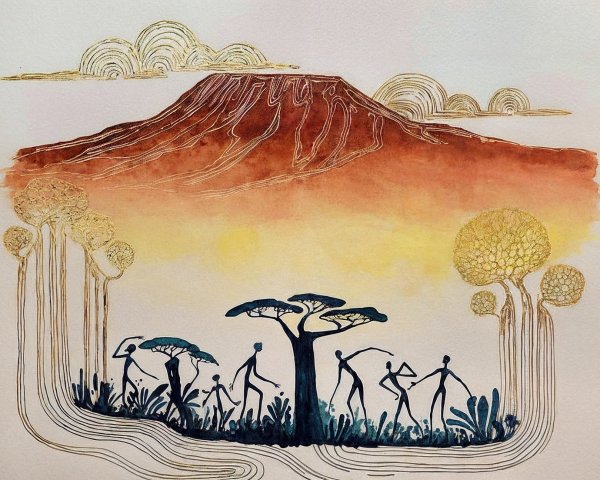 Vibrant landscape with stylized mountains and figures