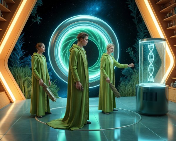 Futuristic Scene with Holographic DNA and Mystical Elements