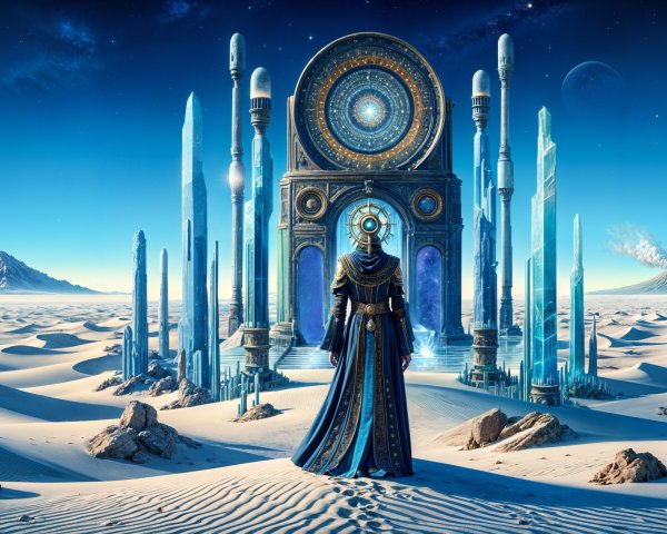 Desert Scene with Cloaked Figure and Majestic Portal