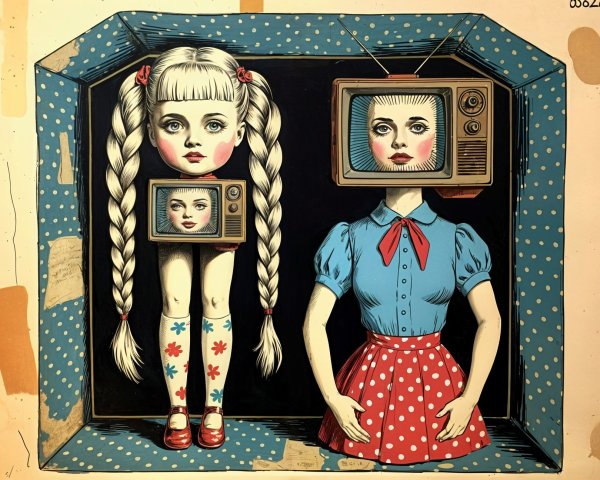 Stylized Dolls with Retro TV Heads and Playful Outfits