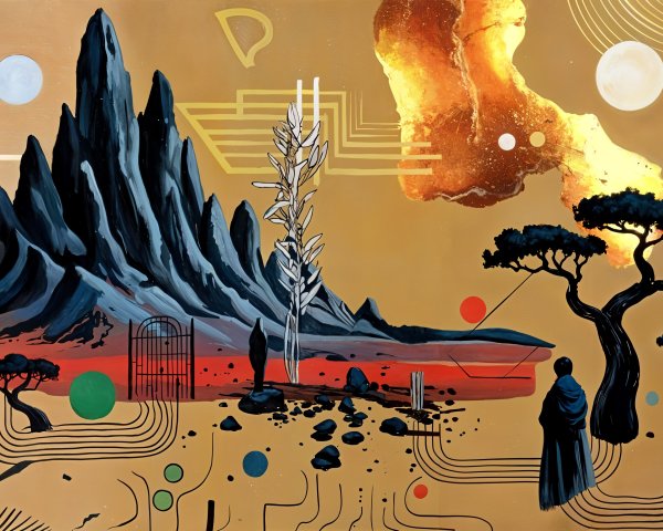 Surreal Landscape with Mountains and Abstract Shapes