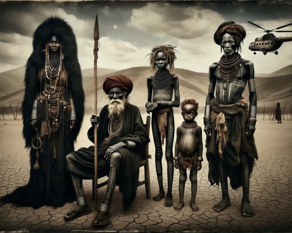 Group in Traditional Attire in Dry Landscape with Helicopter