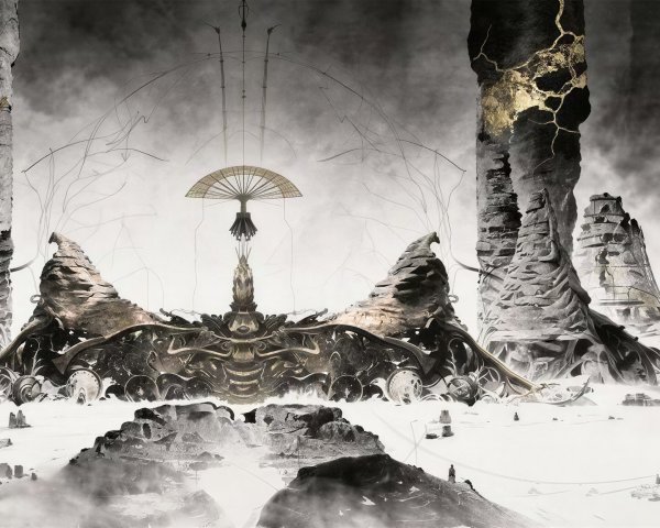 Detailed Ink Painting of Futuristic Barren Landscape