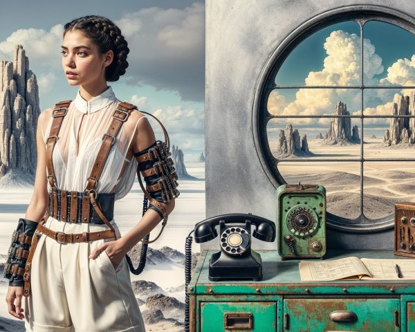 Futuristic female figure in a surreal barren landscape