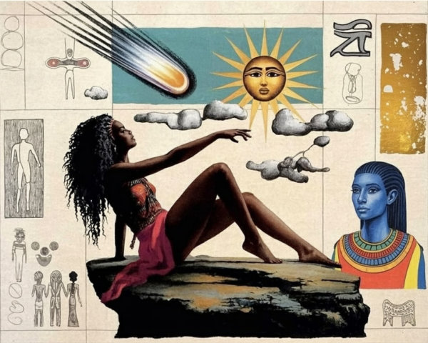 Woman in Colorful Attire with Cosmic and Ancient Symbols